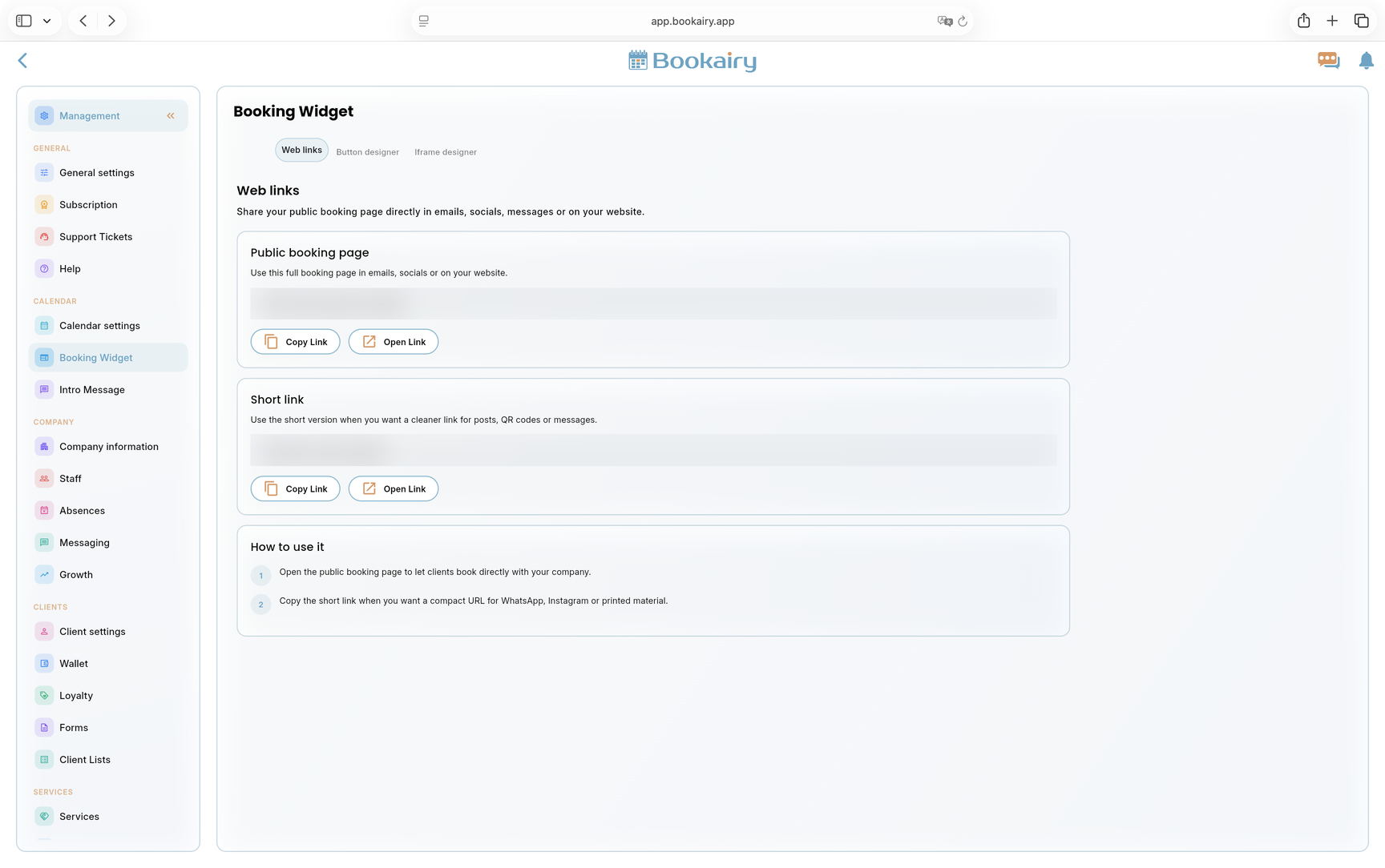 Bookairy booking widget links screen Bookairy booking widget links screen