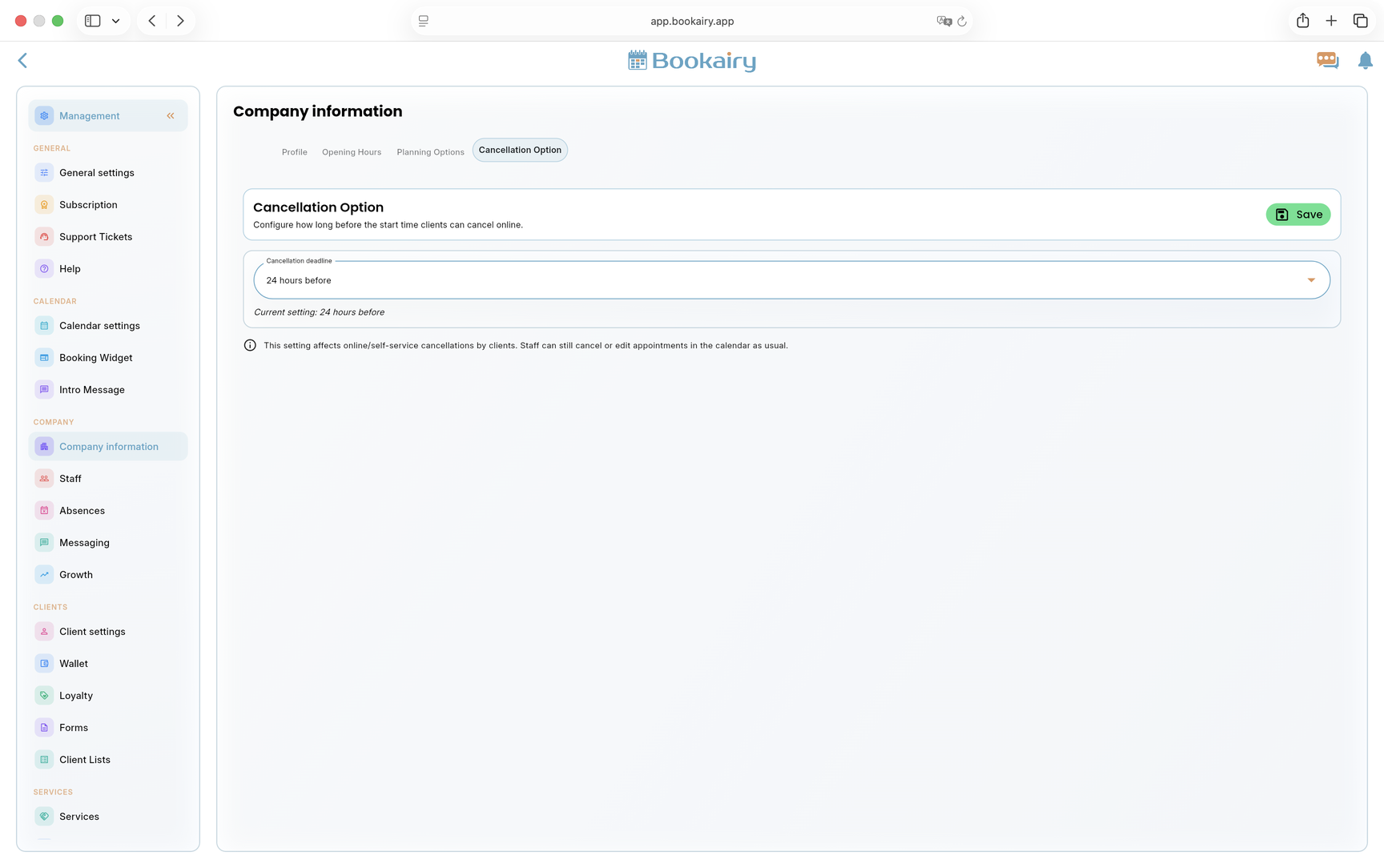 Bookairy cancellation options screen Bookairy cancellation options screen