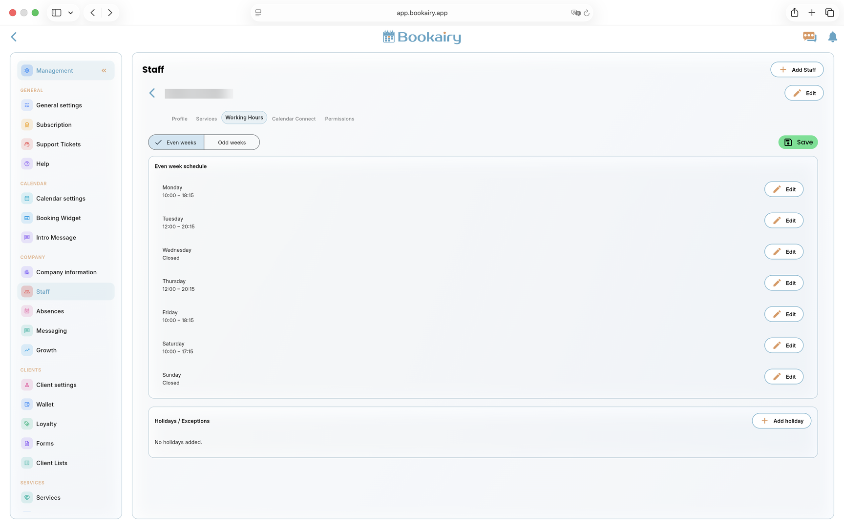 Bookairy staff working hours screen Bookairy staff working hours screen