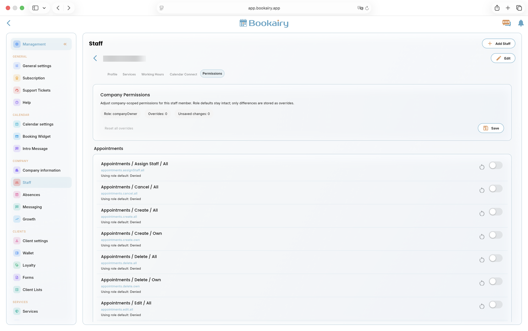 Bookairy staff permissions screen Bookairy staff permissions screen