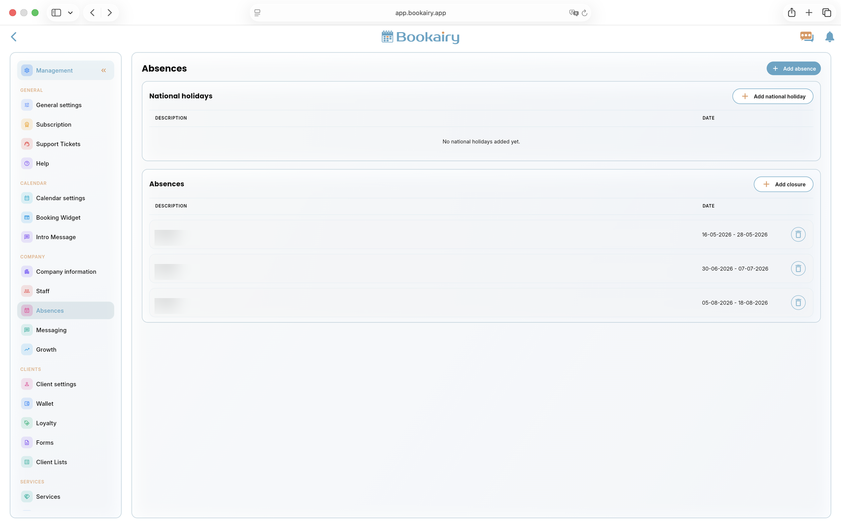 Bookairy absences and closures screen Bookairy absences and closures screen