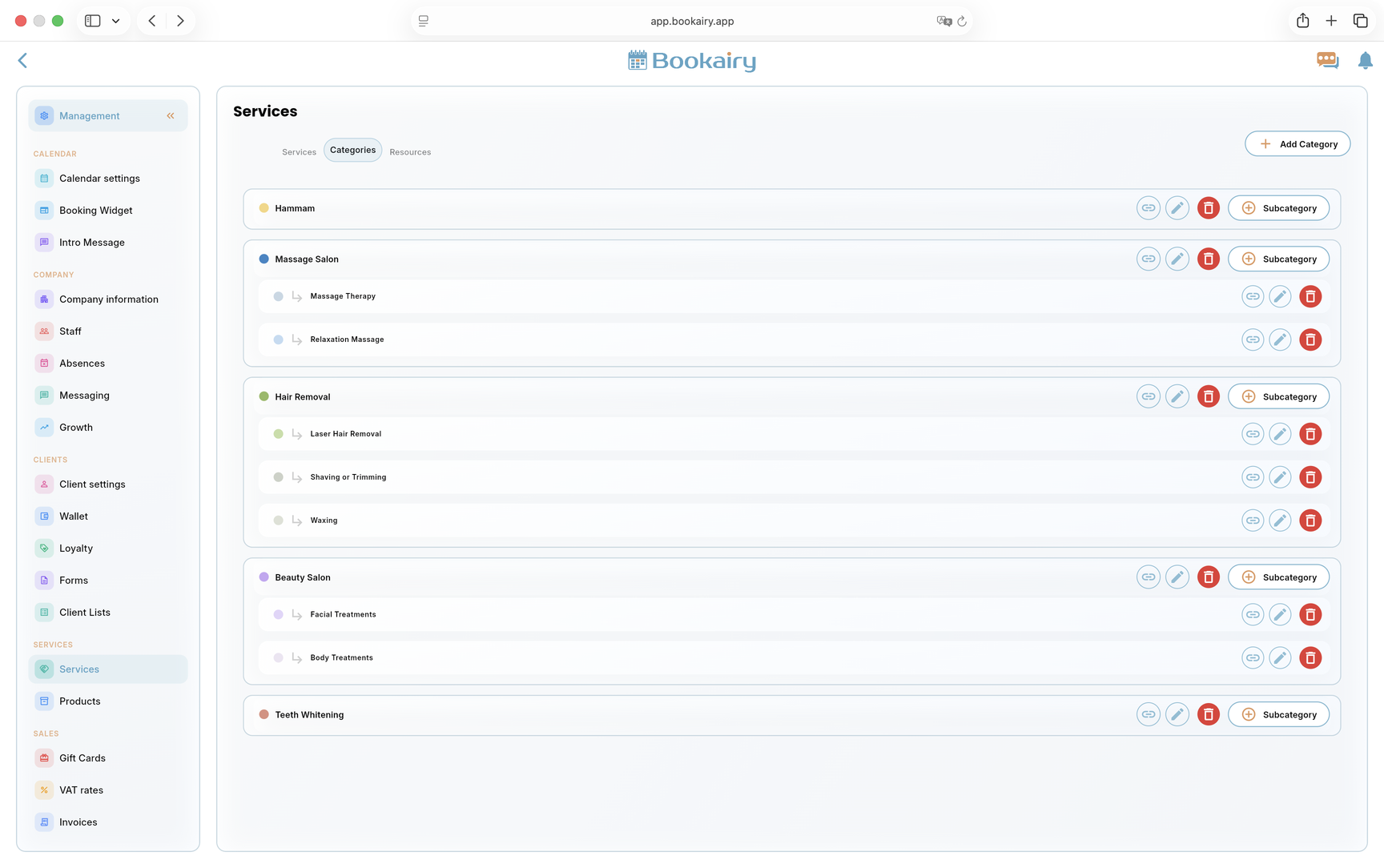 Bookairy service categories screen Bookairy service categories screen