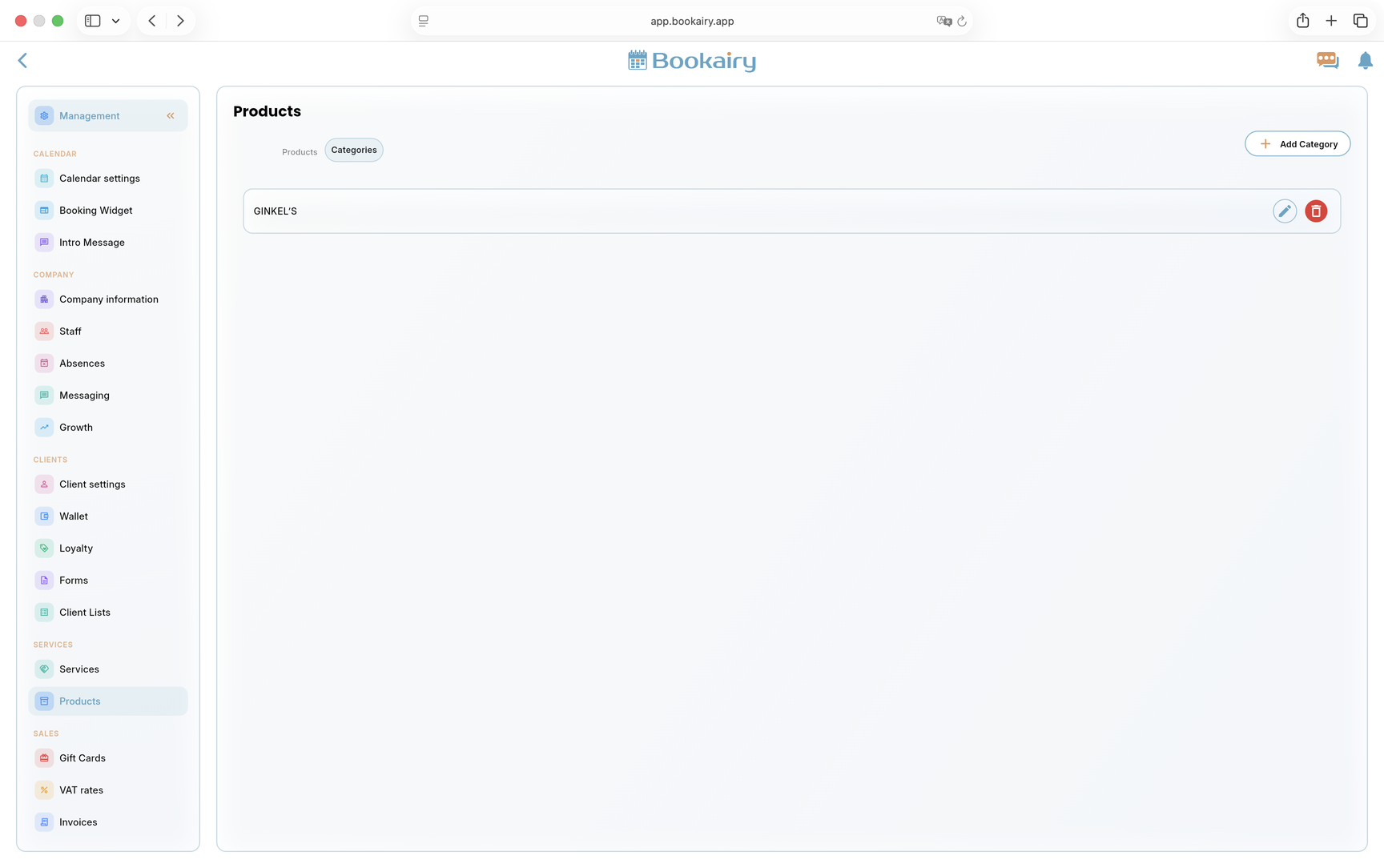 Bookairy product categories screen Bookairy product categories screen