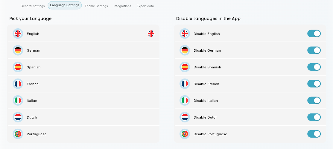 Bookairy settings screen for enabling and disabling supported booking languages